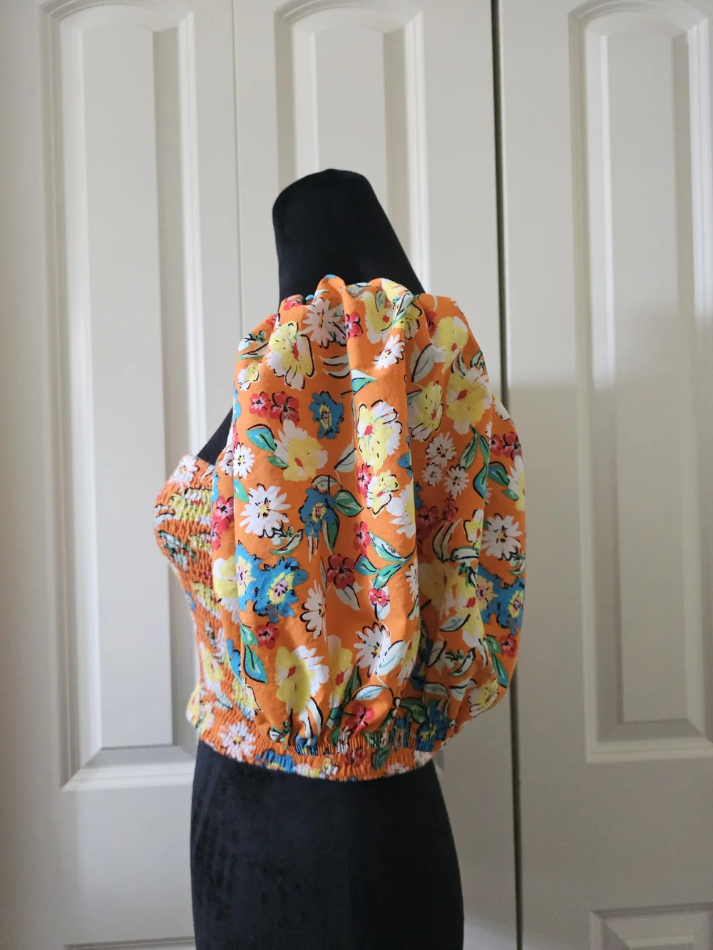 Zara Floral Crop Top  Smocked On or Off Shoulder Orange Multi Boho Western Sz L - Picture 4 of 12